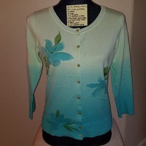 ✅NWOT Axcess Multi Green Blue Stretch Knit Cotton Cardigan S #714, B14